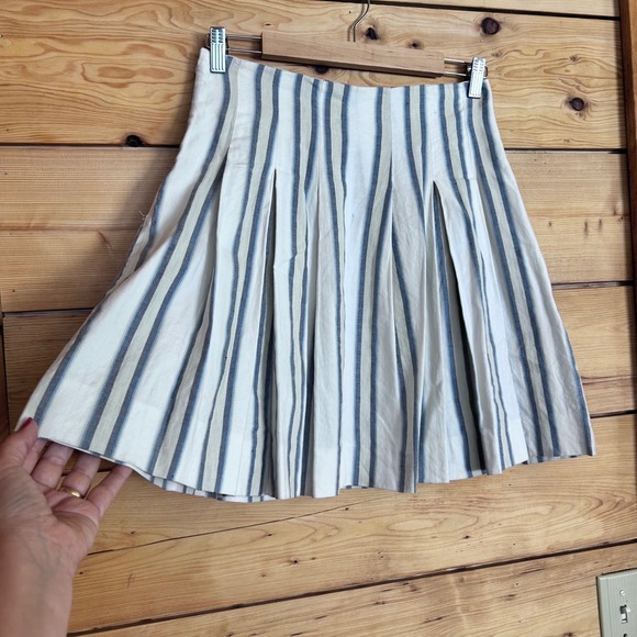 Zara Dresses & Skirts - Linen Striped Pleated Mini Skirt Womens Medium Blue White Tennis Skater Zara